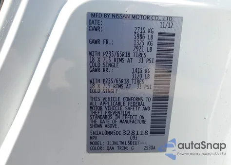 2013 Infiniti Jx35 из США, поврежденный, VIN 5N1AL0MM5DC328118